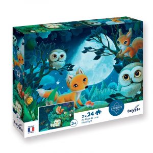 2 puzzles de 24 pièces sur le thème des animaux "Au Clair de Lune"  accompagnés de leur poster à taille réelle.