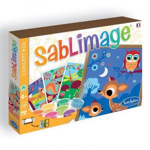 sablimage animaux de la fôret : Dès 4 ans, les enfants pourront profiter de cette technique créative pour réussir très facilement quatre tableaux d’animaux de la forêt, en décollant petit à petit différentes parties d’un dessin avec plus de 15 tonalités de sable.